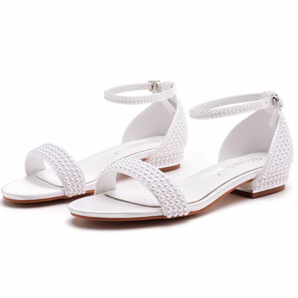 Modest / Simple White Satin Pearl Ankle Strap Flat Wedding Shoes 2024 Pointed Toe Wedding Sandals