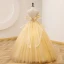 Chic / Beautiful Yellow Lace Pearl Sequins Prom Dresses 2022 Ball Gown Scoop Neck Short Sleeve Backless Floor-Length / Long Prom Formal Dresses