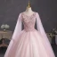 Elegant Blushing Pink Sequins Lace Flower Prom Dresses 2023 Ball Gown V-Neck Short Sleeve Backless Floor-Length / Long Prom Formal Dresses