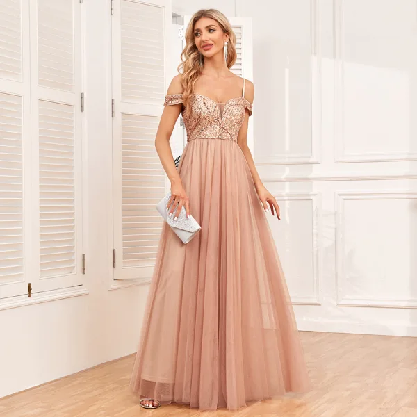 Chic / Belle Doré Paillettes Robe De Soirée 2024 Princesse Bretelles Spaghetti Sans Manches Dos Nu Longue Promo Robe De Ceremonie
