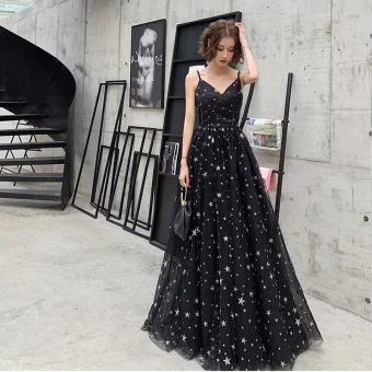 Chic Belle Noire Étoile Robe De Bal 2022 Princesse Bretelles Spaghetti Sans Manches Dos Nu Longue Promo Robe De Ceremonie