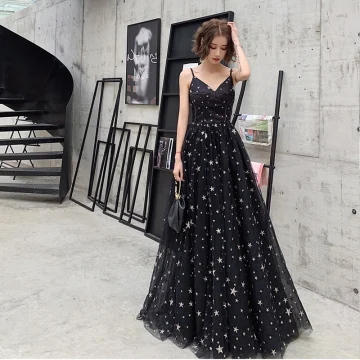 Chic Belle Noire Étoile Robe De Bal 2022 Princesse Bretelles Spaghetti Sans Manches Dos Nu Longue Promo Robe De Ceremonie