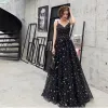 Chic / Beautiful Black Star Prom Dresses 2022 A-Line / Princess Spaghetti Straps Sleeveless Backless Floor-Length / Long Prom Formal Dresses