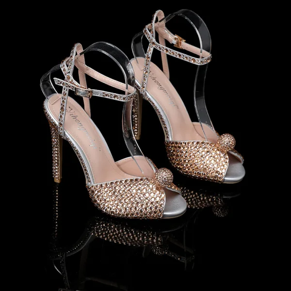 Sexy White Pearl Rhinestone Wedding Shoes 2023 Ankle Strap 11 cm Stiletto Heels Open / Peep Toe Wedding Sandals High Heels