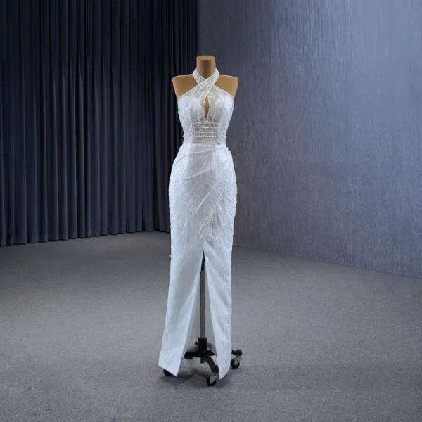 Luxury / Gorgeous White Handmade  Beading Pearl Sequins Wedding Dresses 2023 Ball Gown Halter Sleeveless Backless Floor-Length / Long Wedding