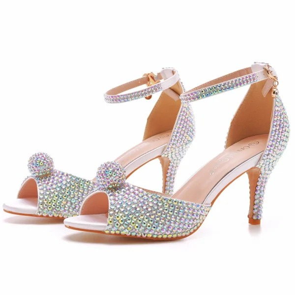 Sexy Multi-Couleurs Faux Diamant Soirée Sandales Femme 2023 Bride Cheville 7 cm Talons Aiguilles Peep Toes / Bout Ouvert Sandales Talons Hauts