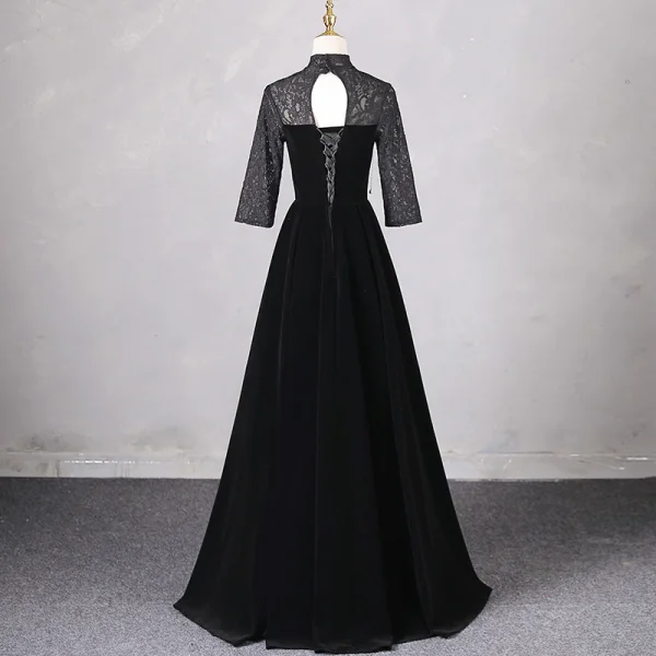 Chinese style Black Prom Dresses 2024 A-Line / Princess High Neck Short Sleeve Backless Floor-Length / Long Prom Formal Dresses