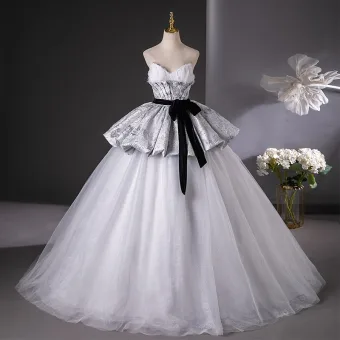 Élégant Gris Noeud Ceinture Impression Robe De Bal 2025 Robe Boule Bustier Sans Manches Dos Nu Longue Promo Robe De Ceremonie