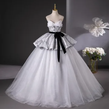 Elegant Grey Bow Sash Printing Prom Dresses 2025 Ball Gown Strapless Sleeveless Backless Floor Length Long Prom Formal Dresses