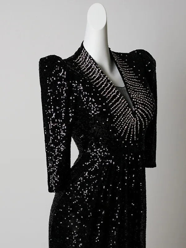 Scintillantes Noire Paillettes Robe De Soirée 2026 Trompette / Sirène V-Cou 3/4 Manches Longue Robe De Ceremonie