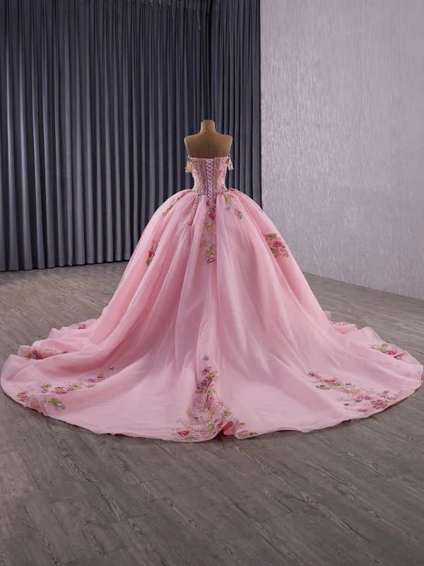 Flower Fairy Luxury / Gorgeous Blushing Pink Handmade  Beading Sequins Lace Flower Prom Dresses 2025 Ball Gown Strapless Sleeveless Backless Bow