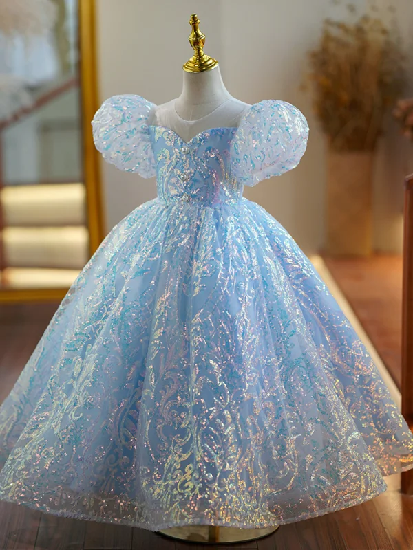 Sparkly Sky Blue Sequins Prom Flower Girl Dresses 2023 Ball Gown Scoop Neck Puffy Short Sleeve Floor-Length / Long Tulle