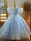 Sparkly Sky Blue Sequins Prom Flower Girl Dresses 2023 Ball Gown Scoop Neck Puffy Short Sleeve Floor-Length / Long Tulle