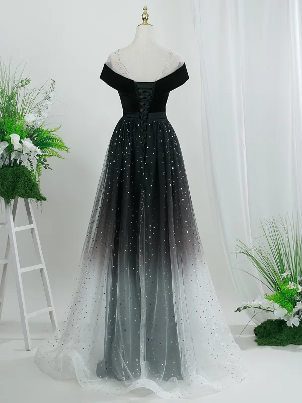 Bling Bling Black Star Sequins Prom Dresses 2026 A-Line / Princess Scoop Neck Short Sleeve Backless