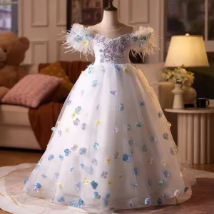 Charmant Blanche Perlage Appliques Gland Anniversaire Robe Ceremonie Fille 2025 Robe Boule Encolure Dégagée Manches Courtes Dos Nu Longue