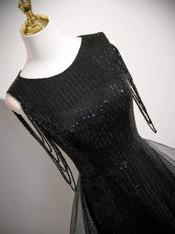 Charming Black Beading Sequins Evening Dresses 2026 A-Line / Princess Scoop  Neck Sleeveless Floor-Length / Long Formal Dresses