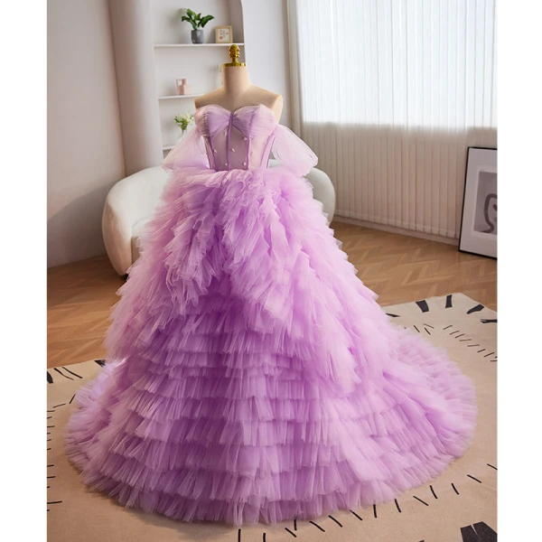 Charming Lavender Cascading Ruffles Pearl Prom Dresses 2023 Ball Gown Off-The-Shoulder Short Sleeve Backless Court Train Prom Formal Dresses