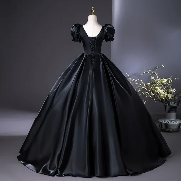 Elegant Black Beading Sequins Lace Flower Prom Dresses 2025 Ball Gown Square Neckline Puffy Short Sleeve Floor-Length / Long Prom Formal Dresses