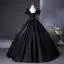 Elegant Black Beading Sequins Lace Flower Prom Dresses 2025 Ball Gown Square Neckline Puffy Short Sleeve Floor-Length / Long Prom Formal Dresses