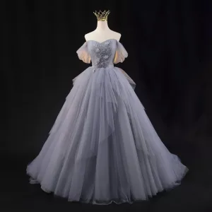 Chic Belle Gris Bleu Ciel Perlage Perle Robe De Bal 2023 Robe Boule De L Épaule Manches Courtes Dos Nu Longue Promo Robe De Ceremonie