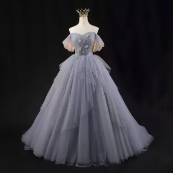 Chic Belle Gris Bleu Ciel Perlage Perle Robe De Bal 2023 Robe Boule De L Épaule Manches Courtes Dos Nu Longue Promo Robe De Ceremonie