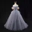 Chic / Beautiful Grey Sky Blue Beading Pearl Prom Dresses 2023 Ball Gown Off-The-Shoulder Short Sleeve Backless Floor-Length / Long Prom Formal Dresses