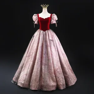 Fashion Burgundy Prom Dresses 2024 Ball Gown Square Neckline Puffy Short Sleeve Backless Floor Length Long Prom Formal Dresses