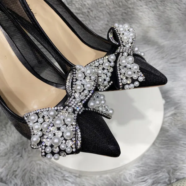 Charming Black Evening Party Rhinestone Pearl Bow Pumps 2022 12 cm Stiletto Heels Pointed Toe Pumps High Heels