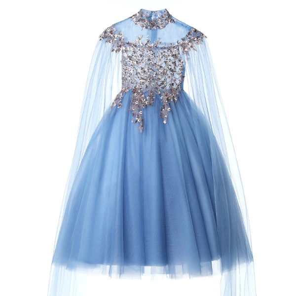 Elegant Sky Blue Beading Sequins Birthday Flower Girl Dresses 2022 Ball Gown High Neck Long Sleeve Floor-Length / Long Flower Girl Dresses