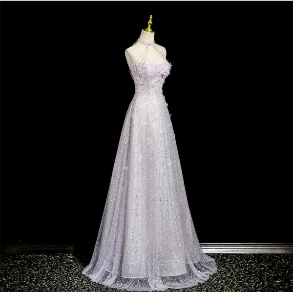 Charming Lavender Beading Appliques Sequins Prom Dresses 2025 A-Line / Princess High Neck Sleeveless Backless Floor-Length / Long Formal Dresses
