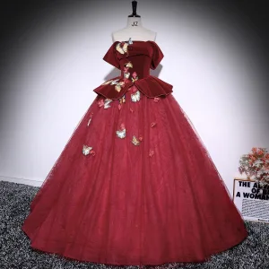 Vintage Retro Burgundy Lace Butterfly Appliques Prom Dresses 2025 Ball Gown Off The Shoulder Short Sleeve Backless Floor Length Long Formal Dresses