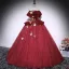Vintage / Retro Burgundy Lace Butterfly Appliques Prom Dresses 2025 Ball Gown Off-The-Shoulder Short Sleeve Backless Floor-Length / Long Formal Dresses