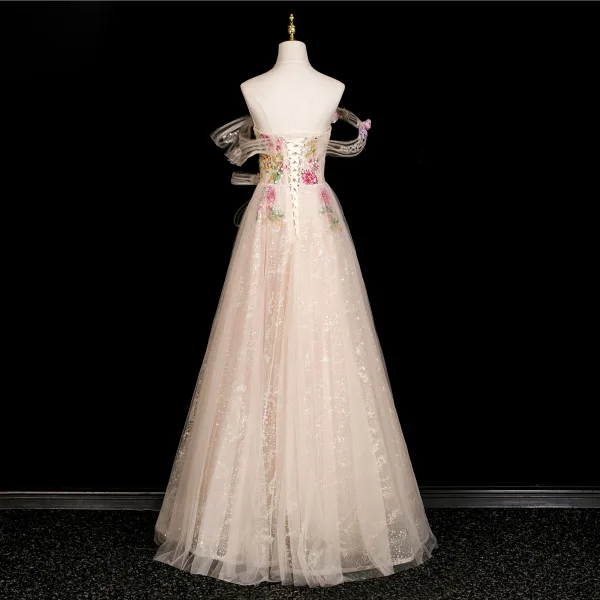 Charming Champagne Appliques Sequins Lace Flower Prom Dresses 2025 A-Line / Princess Strapless Sleeveless Backless Floor-Length / Long Prom Formal Dresses