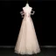 Charming Champagne Appliques Sequins Lace Flower Prom Dresses 2025 A-Line / Princess Strapless Sleeveless Backless Floor-Length / Long Prom Formal Dresses