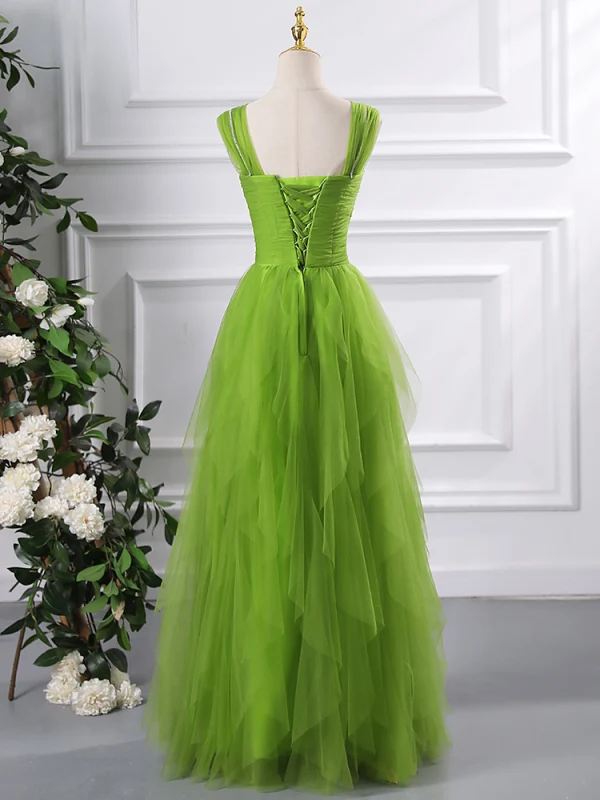Chic / Beautiful Green Cascading Ruffles Prom Dresses 2024 A-Line / Princess Square Neckline Sleeveless Backless Floor-Length / Long Prom Formal Dresses
