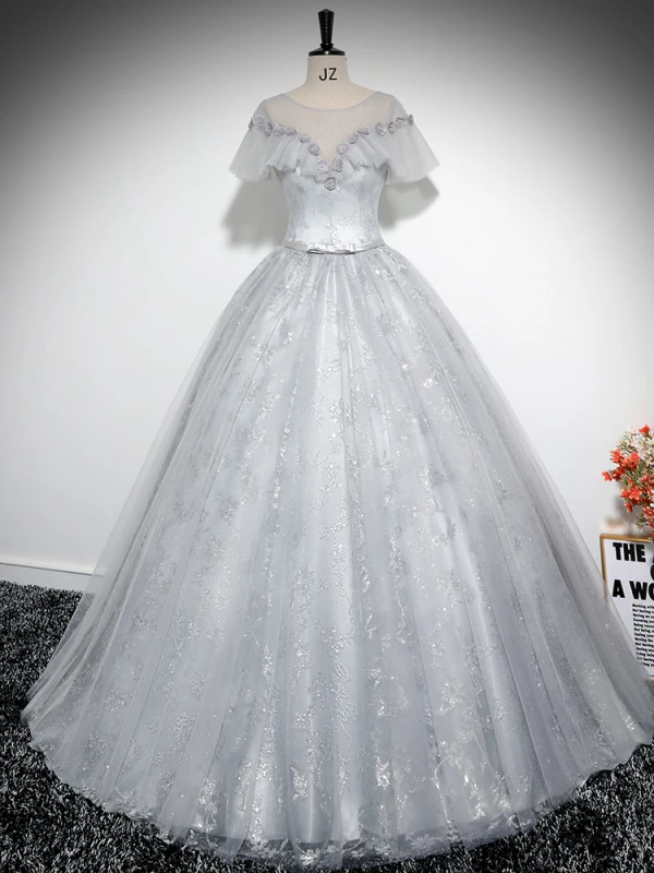 Vintage / Retro Grey Printing Appliques Prom Dresses 2024 Ball Gown Scoop Neck Short Sleeve Backless Floor-Length / Long Prom Formal Dresses