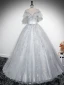 Vintage / Retro Grey Printing Appliques Prom Dresses 2024 Ball Gown Scoop Neck Short Sleeve Backless Floor-Length / Long Prom Formal Dresses