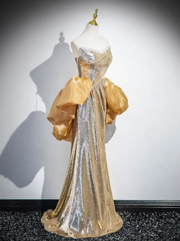 Sexy Gold Pailletten Abendkleider 2025 Meerjungfrau Bandeau Ärmellos Rückenfreies Lange Abend Festliche Kleider