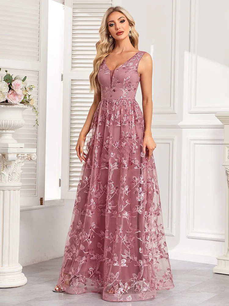 Chic Beautiful Lace Flower Dusky Pink Prom Dresses 2024 A-Line Princess V-Neck Backless
