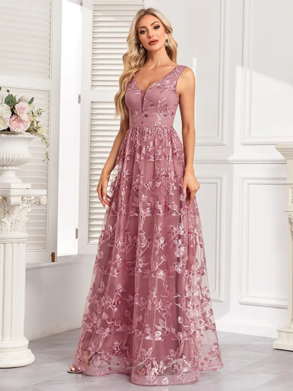 Chic / Beautiful Lace Flower Dusky Pink Prom Dresses 2024 A-Line / Princess V-Neck Sleeveless Backless Floor-Length / Long Prom Formal Dresses