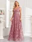 Chic / Beautiful Lace Flower Dusky Pink Prom Dresses 2024 A-Line / Princess V-Neck Sleeveless Backless Floor-Length / Long Prom Formal Dresses