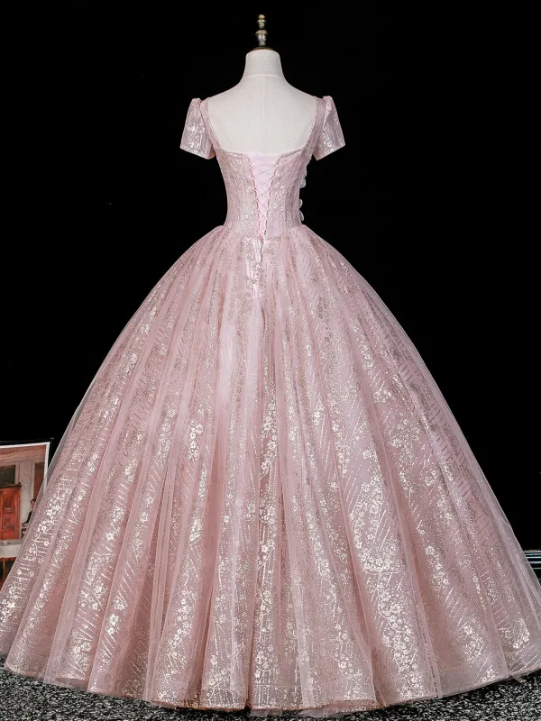 Blumenfee Rosa Perlenstickerei Pailletten Spitze Blumen Applikationen Ballkleider 2026 Ballkleid Eckiger Ausschnitt Rückenfreies Kurze Ärmel