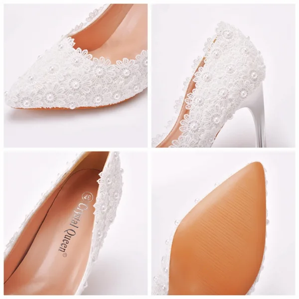 Elegant White Pearl Lace Flower Wedding Shoes 2022 9 cm Stiletto Heels Pointed Toe Wedding Pumps High Heels