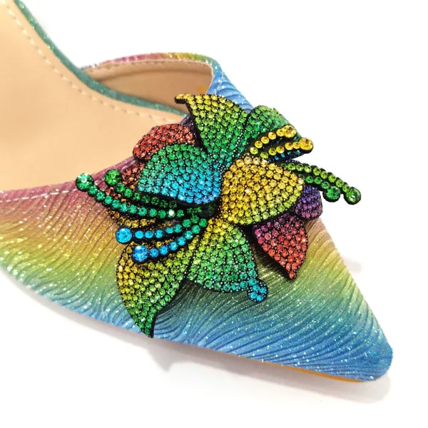 Charming Rainbow Multi-Colors Rhinestone Flower Evening Party Womens Sandals Clutch Bags 2023 6 cm Stiletto Heels Pointed Toe Sandals High Heels Clutch Bags