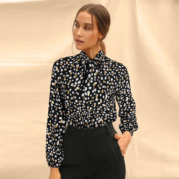 Elegant Green Printing Floral Chiffon Women Blouses 2021 Loose High Neck Work Street Wear Fall Spring Long Sleeve Tops