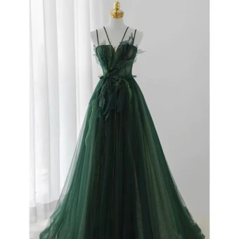 Charming Dark Green Beading Sequins Evening Dresses 2023 A Line Princess Spaghetti Straps Sleeveless Backless Floor Length Long Evening Party Formal Dresses