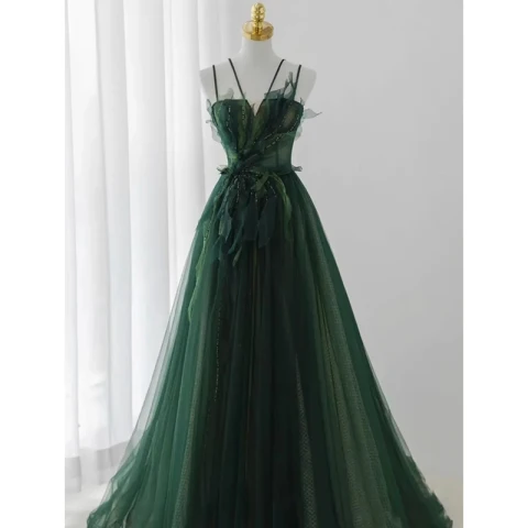 Charming Dark Green Beading Sequins Evening Dresses 2023 A-Line / Princess Spaghetti Straps Sleeveless Backless Floor-Length / Long Evening Party Formal Dresses