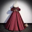 Vintage / Retro Burgundy Embroidered Formal Dresses 2022 Satin Off-The-Shoulder Puffy Short Sleeve Backless Floor-Length / Long Prom Dresses