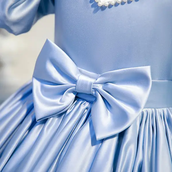 Élégant Bleu Ciel Anniversaire Robe Ceremonie Fille 2022 Robe Boule Perle Encolure Dégagée Gonflée Manches Courtes Ceinture Noeud Longue Robe Ceremonie Fille