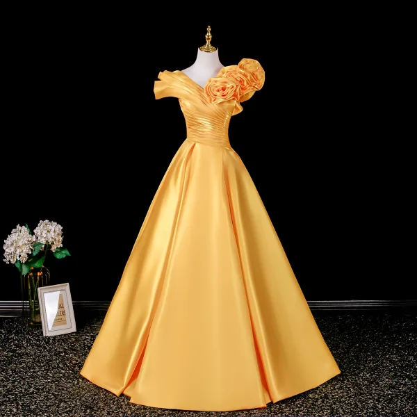 Vintage / Retro Yellow Appliques Prom Dresses 2026 Ball Gown V-Neck Short Sleeve Backless Floor-Length / Long Formal Dresses